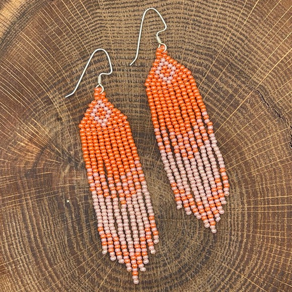 Seed Bead Fringe Dangle Earrings Orange Peach Glass Beads Beadwork Beaded Long - Picture 4 of 7